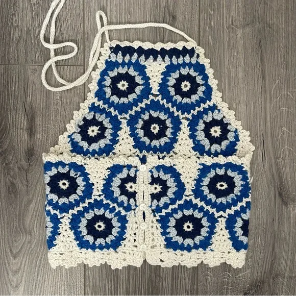 Sea NY Hayden Crochet Halter Top Blue White Size XS